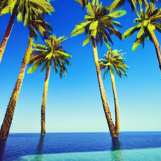 Prompt: surreal palm trees floating floating floating in blue sky, random positions long stems. floating, flying