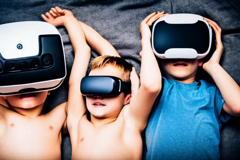 Image similar to An aerial stock photo of two boys laying in bed, with a bunch of stuff, wearing a VR-headset, featured on flickr, cluttered