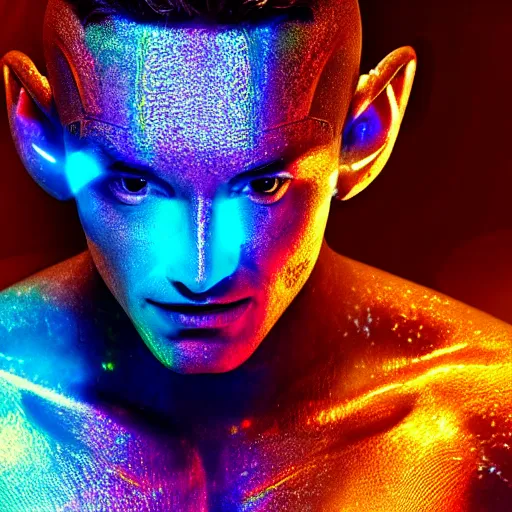 Prompt: a beautiful athletic male god alien with holographic skin, blockbuster movie still, cinematic, beautiful, 8 k