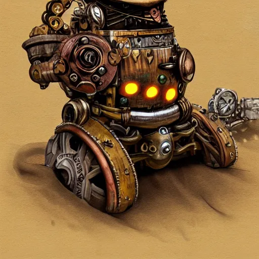 Image similar to giant steampunk mechanical frog, concept art, wild west, desert, digital art