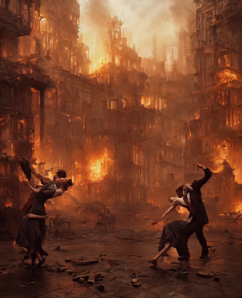 Prompt: concept art of a couple dancing in the middle of ruins of a victorian city surronded by fire, by j. c. leyendecker, wlop, ruins, dramatic, octane render, epic painting, extremely detailed