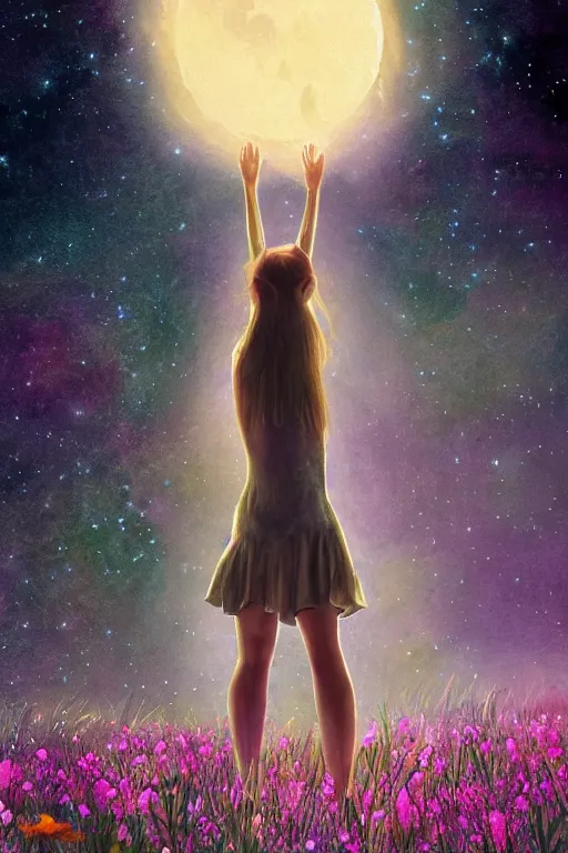 Image similar to breathtaking beautiful mystical illustration of a girl standing in a field of wild flowers gazing up at night sky, stars and milky way and moon, extreme foreshortening, bottom - up perspective, by akageno saru and thomke meyer and julia plath, trending on artstation and tumblr