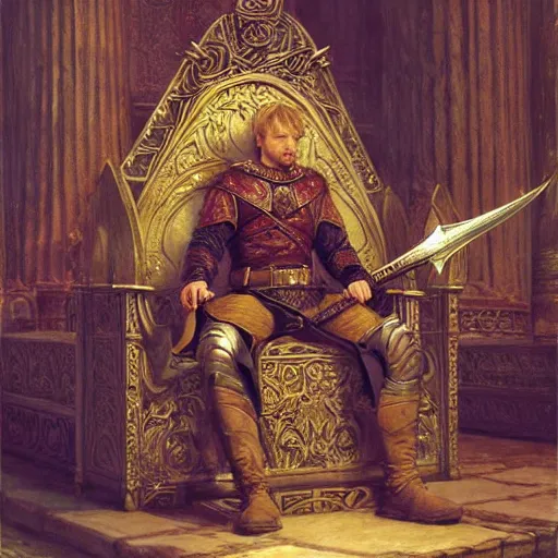 Prompt: attractive king arthur pendragon, sat in his throne, big arches in the back, natural lighting, path traced, high quality, very detailed digital painting, by gaston bussiere, craig miller, j. c. leyendecker