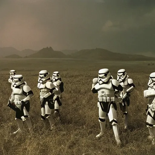 Prompt: star wars clone troopers offer aid to soldiers in vietnam, photo, old picture, lush landscape, field, firearms, war, bombs, explosions, x - wings, tie fighters, aerial combat, active battle zone, in trenches, star wars droids