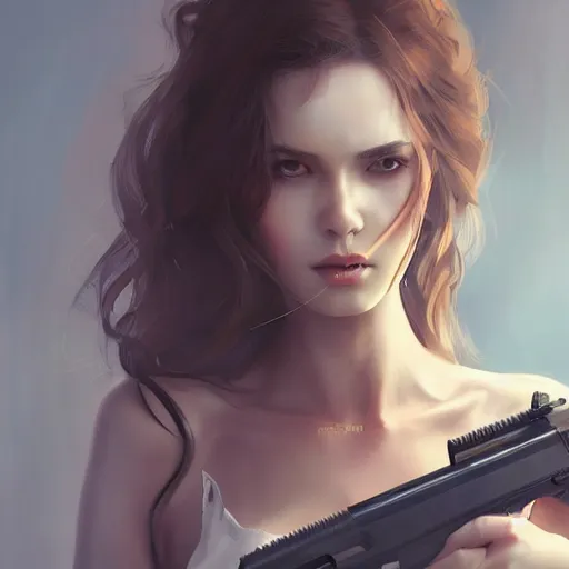 Image similar to beautiful woman with a gun, artstation, wlop, highly detailed