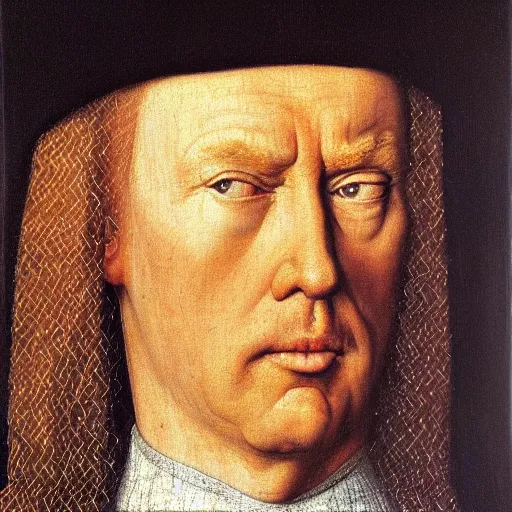 Image similar to portrait of donald trump, oil painting by jan van eyck, northern renaissance art, oil on canvas, wet - on - wet technique, realistic, expressive emotions, intricate textures, illusionistic detail