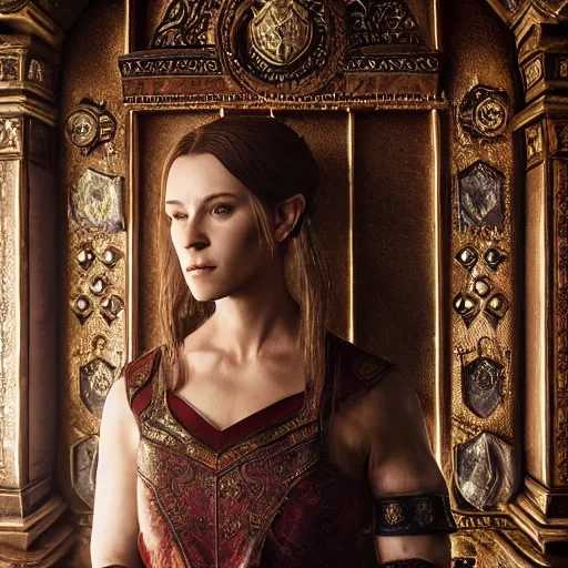 Image similar to the elder scrolls vi, charismatic regal brunette female jarl, portrait, throne room, atmospheric lighting, painted, intricate, volumetric lighting, beautiful, daytime, sunny weather, slight overcast, sharp focus, deep colours, ultra detailed, by leesha hannigan, ross tran, thierry doizon, kai carpenter, ignacio fernandez rios