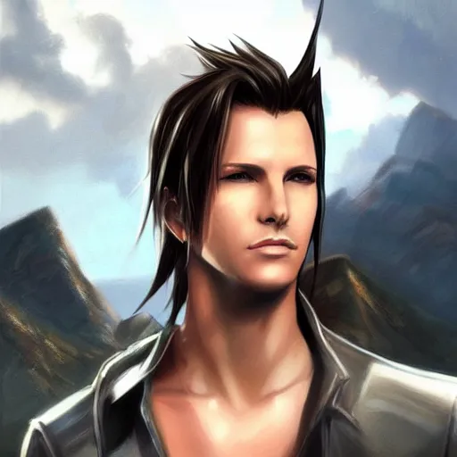 Image similar to portrait of squall from final fantasy viii, matte painting by ross tran, artstation