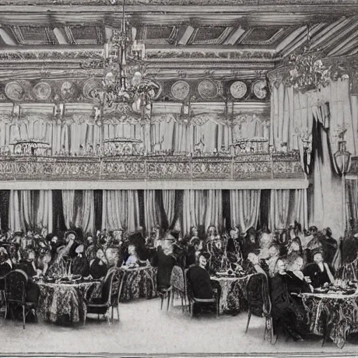 Prompt: opulent anglocore ballroom with tall ceilings and tall windows, overflowing feast buffet table, gentleman's club lounge, french provincial furniture, crowd eating and smoking pipes, waitress serving food, People sitting in chairs, incandescent lighting, fancy drapery on furniture, palace, victorian, rococo, french, english, monarchy, by Mucha