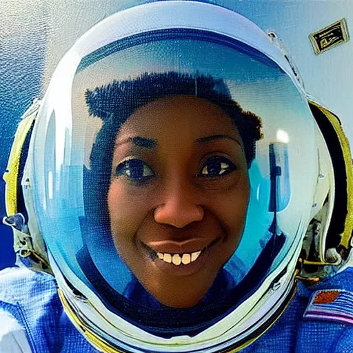 Prompt: “nigerian female astronaut on board international space station wearing space suit and translucent helmet, highly detailed, realistic, photorealistic, proportional, beauty, fish eye lens, nasa, in the style of Edward hooper oil painting sun rising”