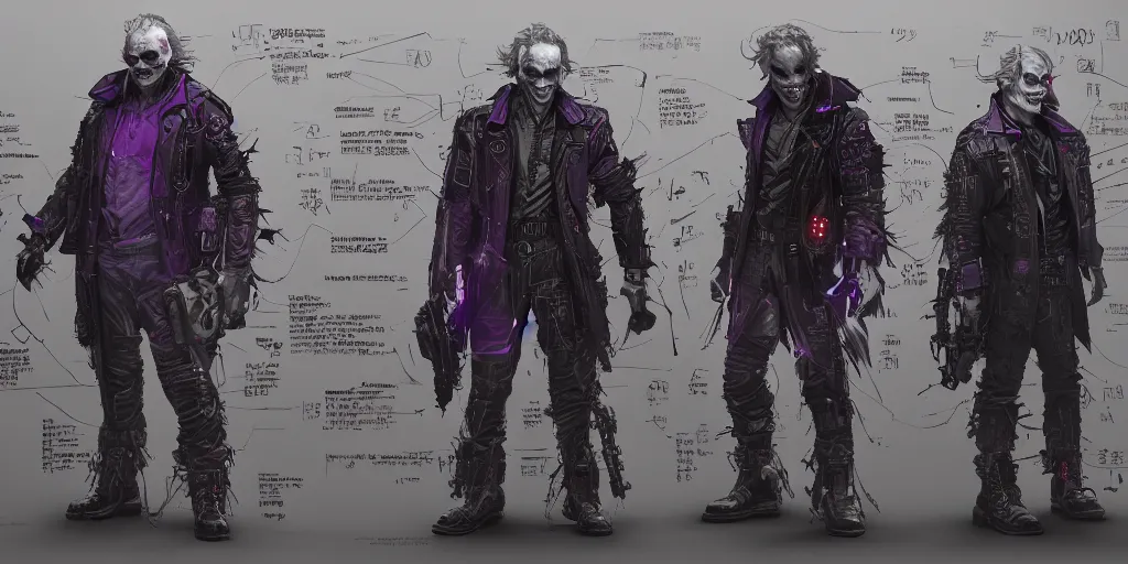 Image similar to cyberpunk the joker, character sheet, concept design, contrast, kim jung gi, greg rutkowski, zabrocki, karlkka, jayison devadas, trending on artstation, 8 k, ultra wide angle, pincushion lens effect