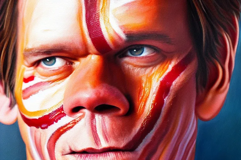 Image similar to a painting bacon with kevin bacon's face, 8 k, cinematic, movie still