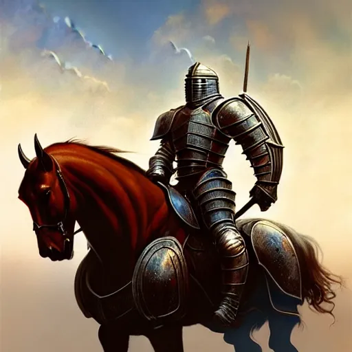 Prompt: a knight in armor on a thick strong warhorse by mike allred and frazetta and karol bak sharp digital painting. dreaming latent space. matte painting, concept art. artstation. digital render. realistic, 8 k