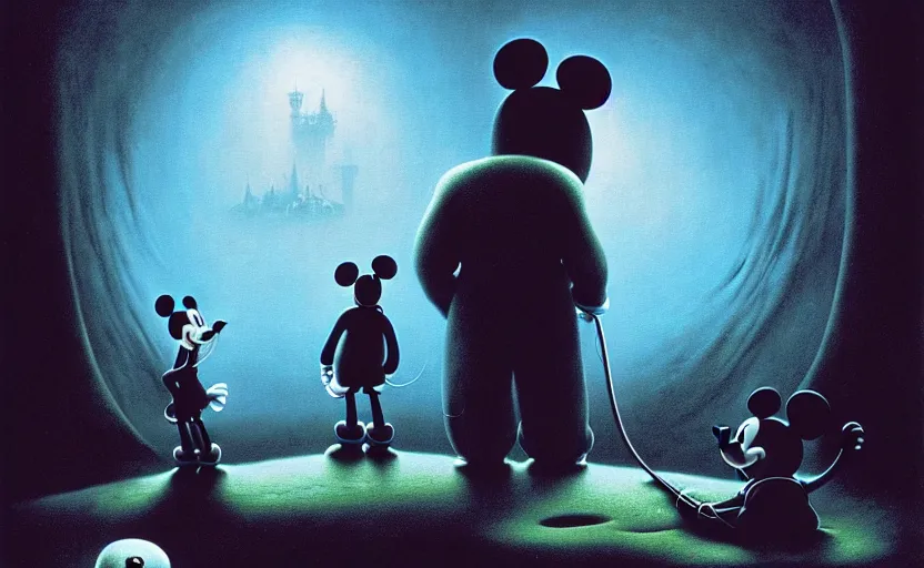 Prompt: life of a mickey mouse, scene features mickey mouse, by zdzislaw beksinski, by richard corben, by dariusz zawadzki, by wayne barlowe, gothic, surrealism, cosmic horror, lovecraftian, cold hue's, warm tone gradient background, concept art, beautiful composition