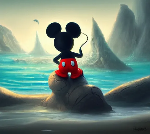 Prompt: Mickey Mouse sitting on a terrifying beach with giant scary sea creatures, monsters, dark, dim, nightmarish, digital painting, in the style of raphael lacoste, super detailed, artstation