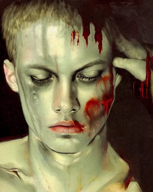 Prompt: a beautiful and eerie baroque painting of a beautiful but creepy young man in layers of fear, with haunted eyes and dark hair, 1 9 7 0 s hotel room, seventies, wallpaper, a little blood, morning light showing injuries, delicate embellishments, painterly, offset printing technique, by brom, robert henri, walter popp