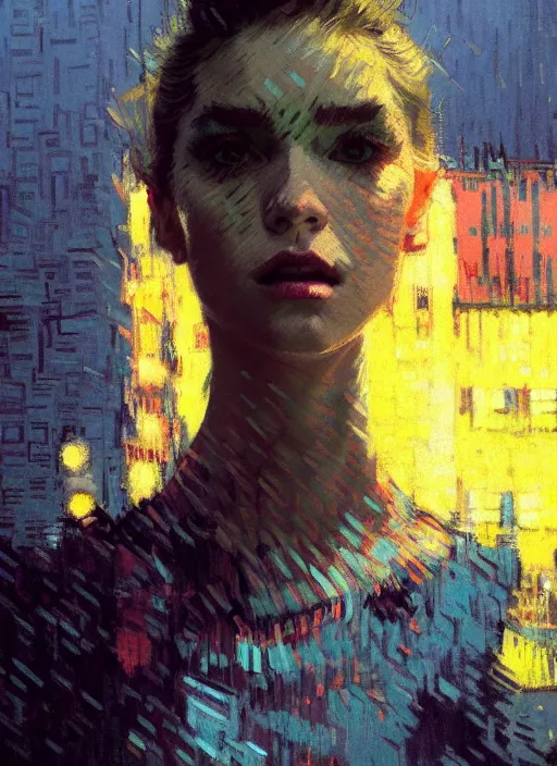 Image similar to portrait of a beautiful girl, new york backdrop, sad, sunset shades, beautiful face, rule of thirds, intricate outfit, spotlight, by greg rutkowski, by jeremy mann, by francoise nielly, by van gogh, digital painting