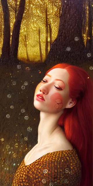 Image similar to an amazed young woman looking at golden firefly lights in a mesmerizing scene, sitting amidst nature fully covered, intricate detailed dress, long loose red hair, precise linework, accurate green eyes, small nose with freckles, smooth oval head, empathic, expressive emotions, hyper realistic ultrafine portrait by artemisia gentileschi, jessica rossier, artgerm