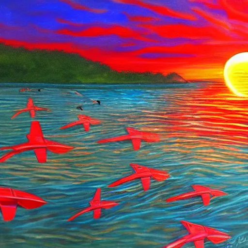 Prompt: sunrise in paradisiacal bay next to winged red panthers, art, concept art, painting