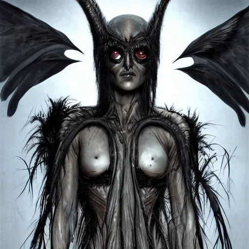 Prompt: young innocent jennifer connelly as alien bird - woman, gray skin, wearing black hooded cloak, huge wings, black feathers instead of hair, black feathers growing out of skin, bumpy skin, screaming, losing control, black feathers growing out of face, black hands with black claws, comic book, giger, mucha, trending on artstation