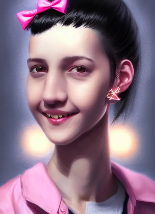 Image similar to portrait of high school girl, realistic, black hair, bangs, half updo hairstyle, pointy nose, skinny, smile, ugly, defined jawline, big chin, pink hair bow, earrings, intricate, elegant, glowing lights, highly detailed, digital painting, artstation, sharp focus, illustration, art by wlop, mars ravelo and greg rutkowski