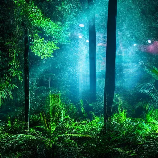 Image similar to a rainforest clearing at night softly lit by neon lights, dim lighting, leaves in foreground, HD, 8k, high resolution, photo,