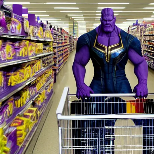 Image similar to thanos lookingg for his mom in a walmart, realistic, sharp focus