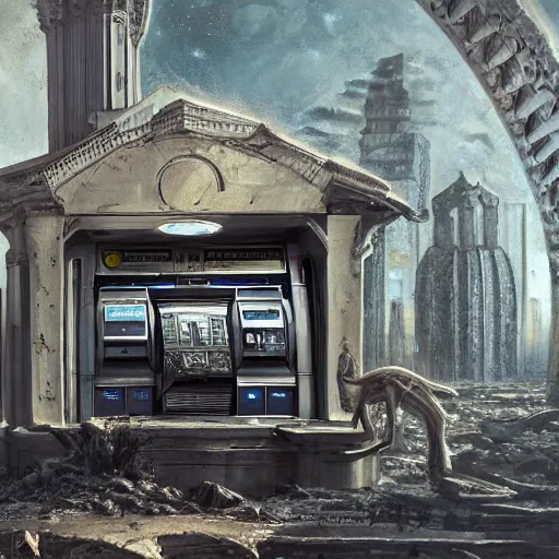 Prompt: detailed painting of a scifi abandoned atm, celestial ephemeral ornaments and greek architecture, artstation, h. r giger, in africa, cinematic