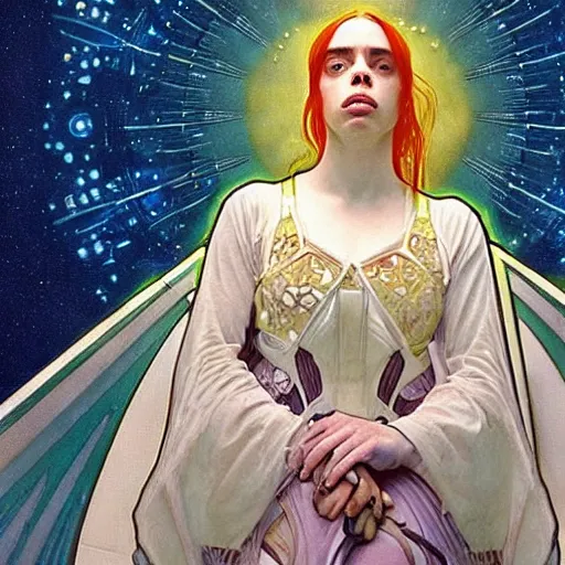 Image similar to closeup : billie eilish as the empress of the universe sits on stellar throne, concept art for a scifi film. by alphonse mucha and edward hopper. sharp focus, cinematic atmosphere, detailed and intricate, perfect anatomy, meticulous detail