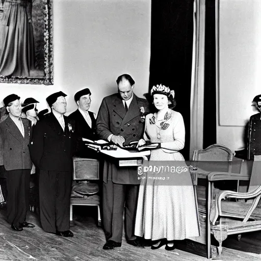 Image similar to 1 9 4 6 historical photo 1 3 5 mm of a single german general signing a peace treaty, a young queen elizabeth holds a corgi and watches the general sign the treaty, french village interior, highly detailed, sharp focus, symmetrical face