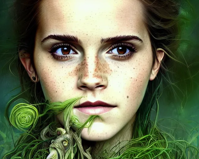 Prompt: mindblowing portrait of emma watson as a swamp witch, green colored skin!!, holding caduceus, messy hair, deep focus, d & d, fantasy, intricate, elegant, highly detailed, digital painting, artstation, concept art, matte, sharp, illustration, hearthstone, art by artgerm and greg rutkowski and alphonse mucha
