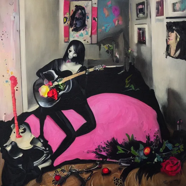 Image similar to a portrait in a female artist's bedroom, black walls, emo girl riding an inflatable pig, sheet music, berries, surgical supplies, pancakes, black flowers, sensual, octopus, neo - expressionism, surrealism, acrylic and spray paint and oilstick on canvas