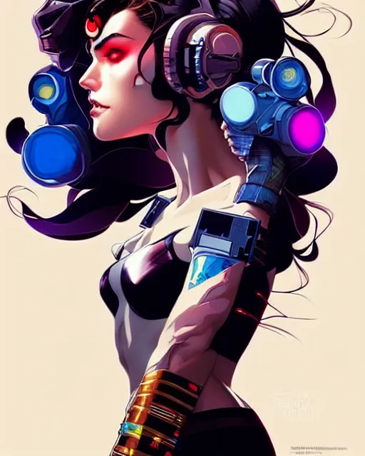 Prompt: artgerm, joshua middleton and sandra chevrier comic cover art, full body pretty female cyberpunk hacker, symmetrical eyes, long curly hair, beautiful, rim lighting, vivid colors