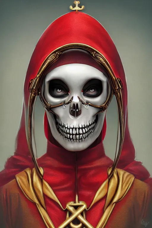 Prompt: ultra realistic illustration, 3 d render of a nun with a skull helmet red and gold accents, gothic, dark, hacknaut cyberpunk, sci - fi, fantasy, intricate, elegant, highly detailed, digital painting, artstation, concept art, smooth, sharp focus, illustration, art by artgerm and greg rutkowski and alphonse mucha