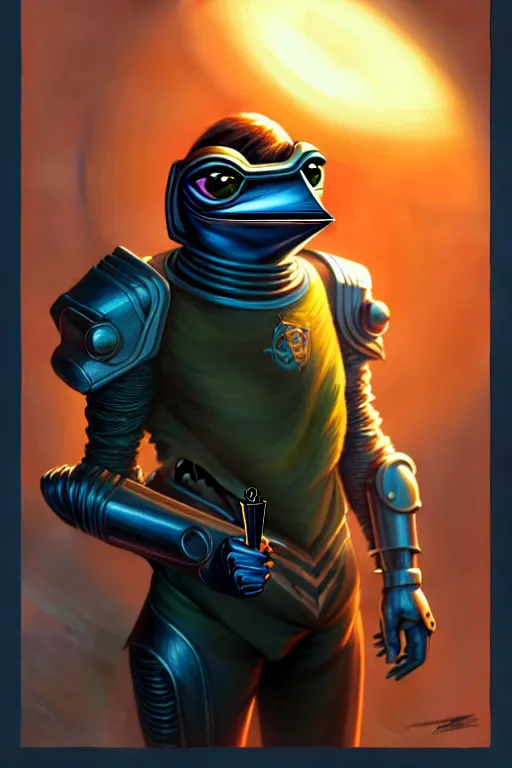 Image similar to Portrait of pepe with a spoon wearing futuristic power armor, fantasy, intricate, highly detailed, digital painting, trending on artstation, sharp focus, illustration, style of Stanley Artgerm and Greg Rutkowski and Dan Mumford