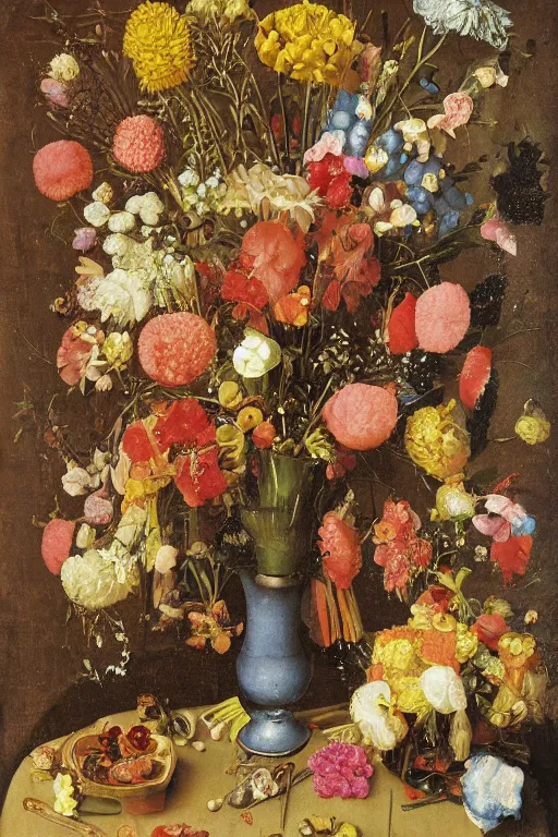Image similar to still life of a bouquet of flowers made of gummy bears and jelly beans, Northern Renaissance,