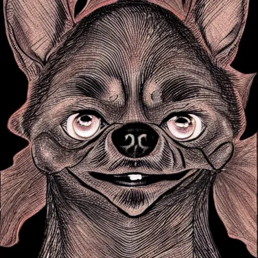 Prompt: a dark brown chihuahua, hyper detailed, in the style of junji ito and berserk, selfie