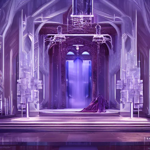 Image similar to a spiritual matte painting by feng zhu of a contemporary crystal throne room with tall banner hanging, unreal engine, ue5, concept art, wide angle, photo realistic, high detail, 4k hd wallpaper