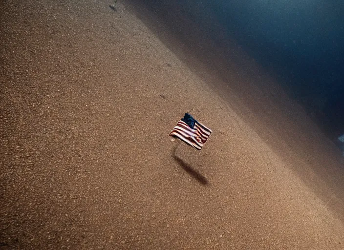 Prompt: astronaut underwater putting a flag in the sand of the bottom of the ocean. the remains of a submarine are visible in the distance. dark, concept art, cinematic, dramatic, atmospheric, 8 k, trending on artstation, low visibility, fog, ocean floor, christopher nolan, interstellar