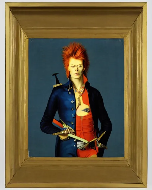 Prompt: a detailed portrait of david bowie as ziggy stardust by jean auguste dominique ingres, neoclassical, illuminated manuscript, gold leaf