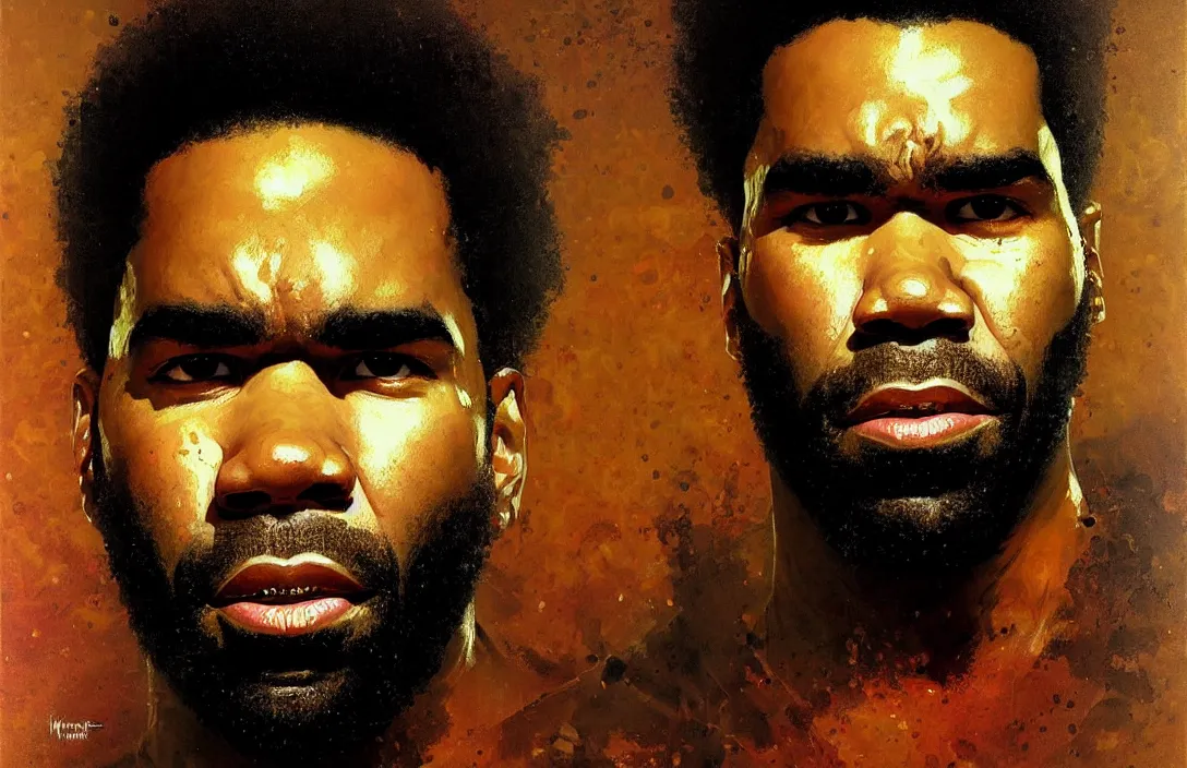 Image similar to portrait of pharoahe monch!!!!!!!!!!!!!!!!!!!!!!!!!!!, detailed face, detailed painting,, epic lighting, by ilya repin, phil hale and kent williams