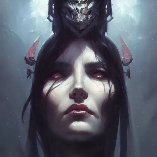 Prompt: a beautiful portrait of death goddess by Greg Rutkowski and Raymond Swanland, ominous background, Trending on Artstation, ultra realistic digital art