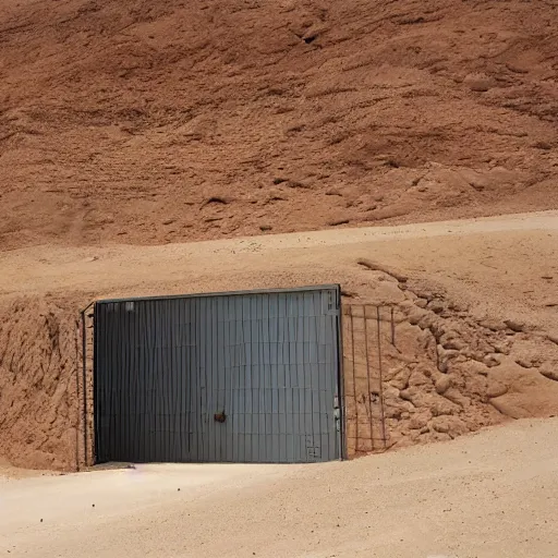 Prompt: a giant closed metal gate inside a secret laboratory in the desert