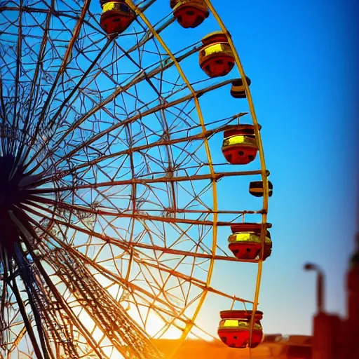 Prompt: ferris wheel at sunrise. neon light, award winning, artstation, intricate details, realistic, volumetric lighting, sun rays beaming, hyperdetailed, 8 k resolution, golden hour, intricate art nouveau, smooth, sharp focus, rendered in unreal engine 3