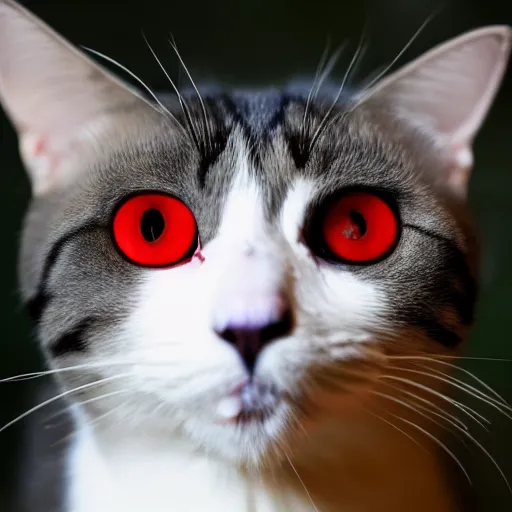 Prompt: A cat with red eyes and fangs staring at the camera, 4k.