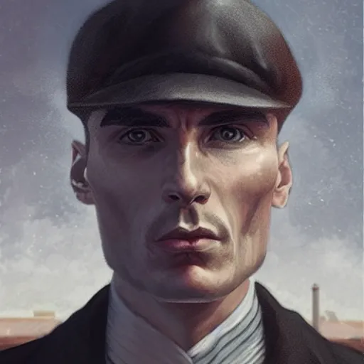 Image similar to a portrait of thomas shelby from the peaky blinders in front of atlantis, in the style of Benjamin Bader, sharp, highly detailed, realistic face, digital art, epic, fantasy, artstation