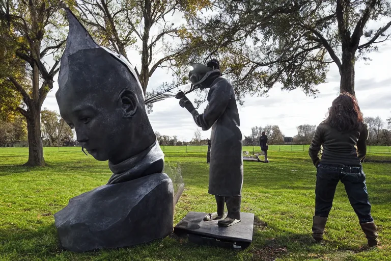 Image similar to cinematography woman welding sculpture in the park by Emmanuel Lubezki