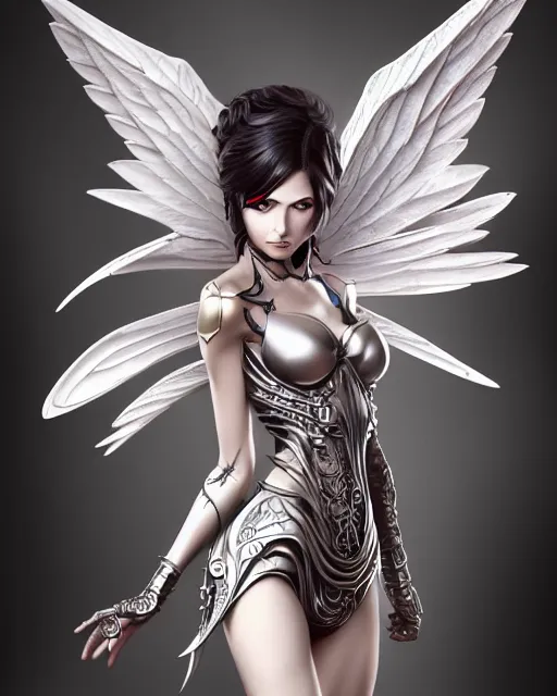 Image similar to 3 / 4 view of woman with metal wings, pixie character, genshin impact, intricate, elegant, sharp focus, illustration, highly detailed, concept art, matte, artgerm, anime, trending on artstation