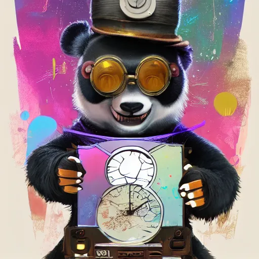 Image similar to anthropomorphic wise wealthy panda travels through time via steampunk portals, pixiv fanbox, dramatic lighting, maximalist pastel color palette, splatter paint, pixar and disney exploded - view drawing, graphic novel by fiona staples and dustin nguyen, peter elson, alan bean, wangechi mutu, clean cel shaded vector art, trending on artstation