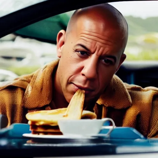Prompt: movie still of vin diesel eating waffles and pancakes breakfast in a car